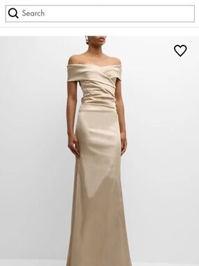 Rickie Freeman for Teri Jon Off-Shoulder Satin Gown in Champagne Beige size 8